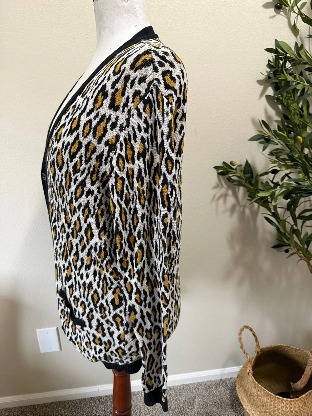 Designer leopard Print Button Cardigan in Black, White & Mustard